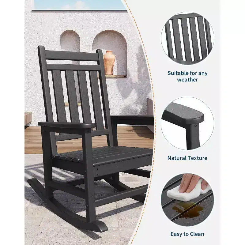 Set Acekool con 1 sedia a dondolo per esterni, sedie a dondolo Adirondack in HDPE resistenti alle intemperie con venature del legno, portata 172 kg, nero