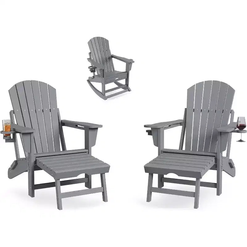 Fauteuil à bascule pliant Adirondack Acekool 4 en 1 avec pouf rétractable et doubles porte-gobelets, ensemble de fauteuils à bascule d'extérieur en PEHD