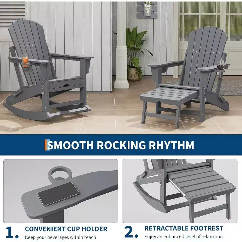 Fauteuil à bascule pliant Adirondack Acekool 4 en 1 avec pouf rétractable et doubles porte-gobelets, ensemble de fauteuils à bascule d'extérieur en PEHD