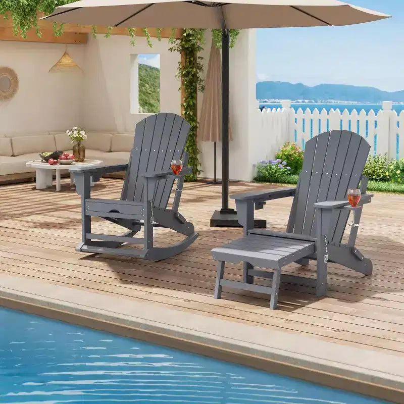 Fauteuil à bascule pliant Adirondack Acekool 4 en 1 avec pouf rétractable et doubles porte-gobelets, ensemble de fauteuils à bascule d'extérieur en PEHD