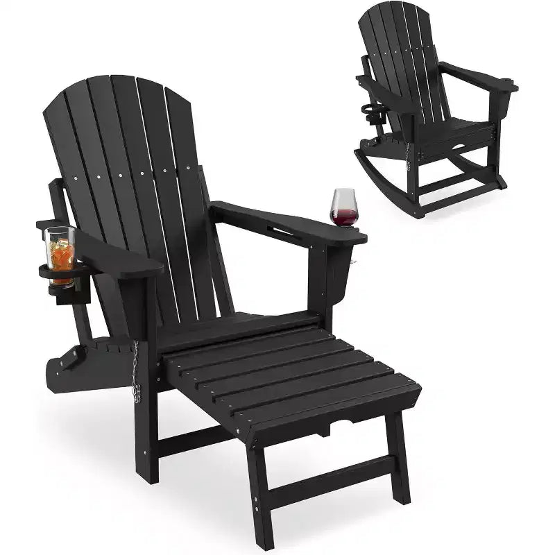 Fauteuil à bascule pliant Adirondack Acekool 4 en 1 avec pouf rétractable et doubles porte-gobelets, ensemble de fauteuils à bascule d'extérieur en PEHD