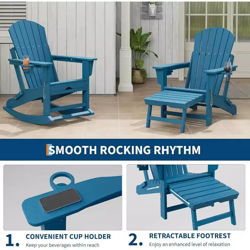Fauteuil à bascule pliant Adirondack Acekool 4 en 1 avec pouf rétractable et doubles porte-gobelets, ensemble de fauteuils à bascule d'extérieur en PEHD