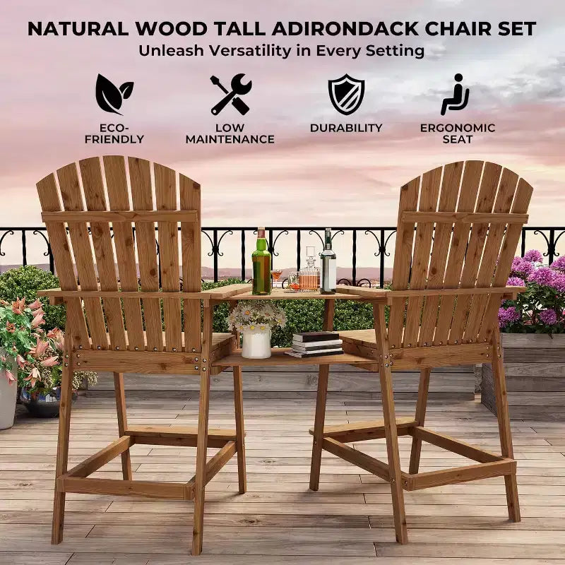 Set di 2 sedie Adirondack da esterno alte da bar con vassoio e foro per ombrellone, sedie Adirondack alte da balcone per patio, ponte, veranda