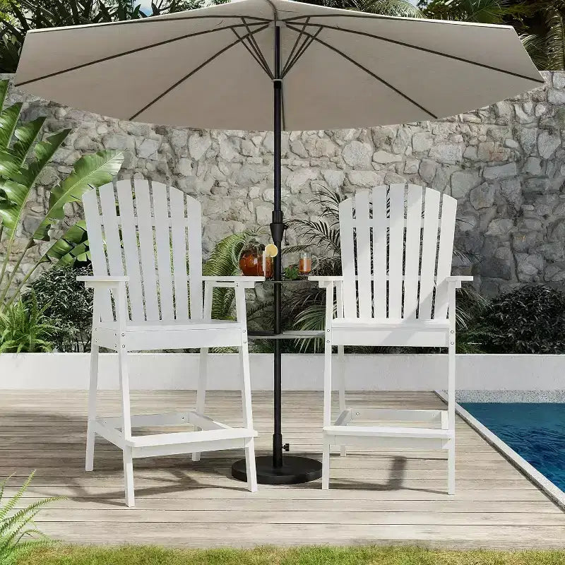 Set di 2 sedie Adirondack da esterno alte da bar con vassoio e foro per ombrellone, sedie Adirondack alte da balcone per patio, ponte, veranda