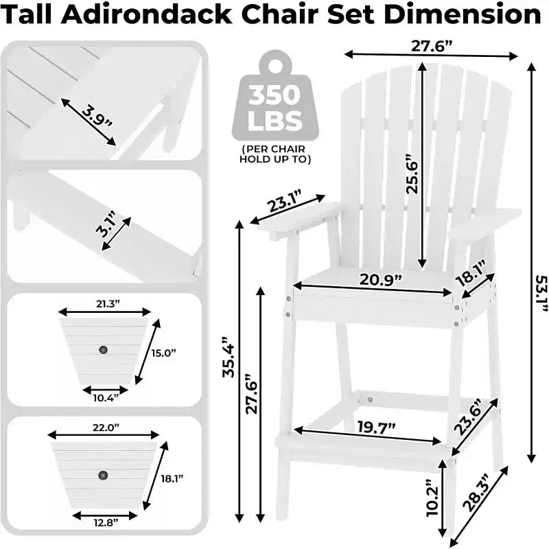 Set di 2 sedie Adirondack da esterno alte da bar con vassoio e foro per ombrellone, sedie Adirondack alte da balcone per patio, ponte, veranda
