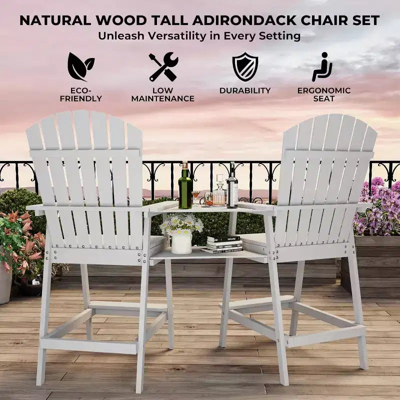 Set di 2 sedie Adirondack da esterno alte da bar con vassoio e foro per ombrellone, sedie Adirondack alte da balcone per patio, ponte, veranda