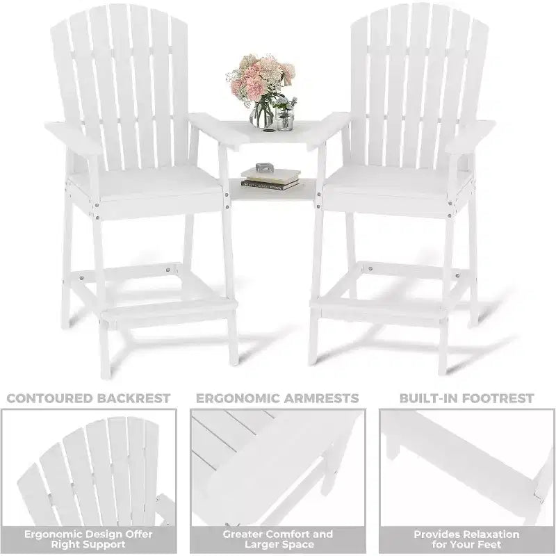Set di 2 sedie Adirondack da esterno alte da bar con vassoio e foro per ombrellone, sedie Adirondack alte da balcone per patio, ponte, veranda