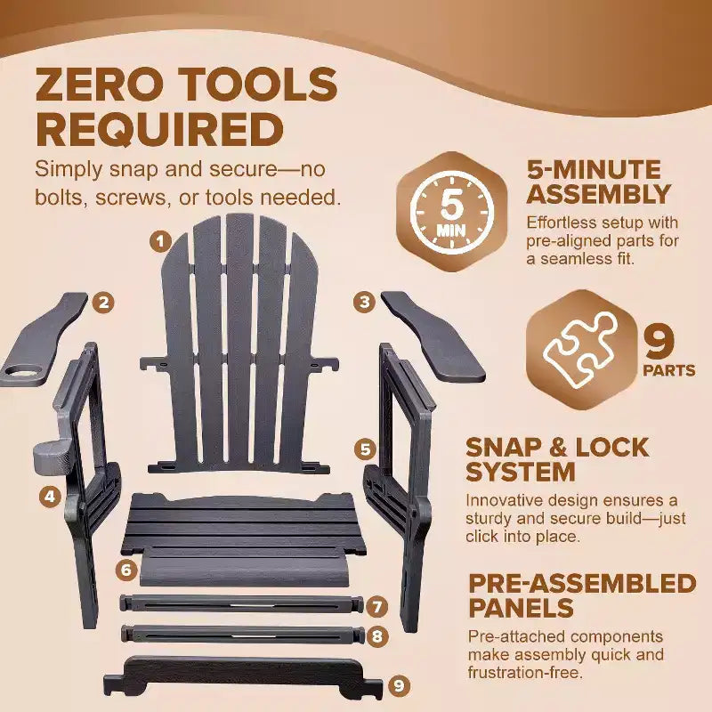 Sedia Adirondack - HDPE Resistente alle Intemperie, Nessun Attrezzo o Ferramenta Richiesto, Assemblaggio in 5 Minuti, Sedie da Patio, Focolare o Giardino, Nero
