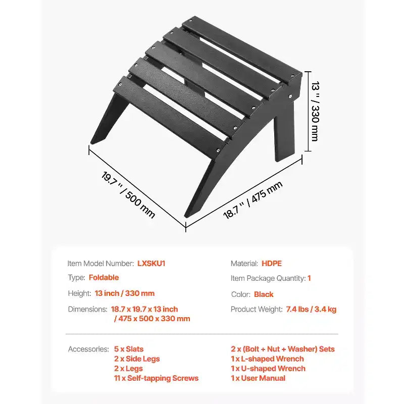 VEVOR Ottomano Adirondack, 47,5 x 50 x 33 cm (L x P x A) in HDPE Pieghevole, Poggiapiedi Resistente alle Intemperie per Sedia Adirondack, Nero