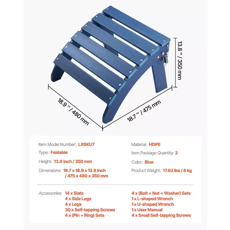 VEVOR Ottomana Adirondack Set da 2, 47,5L x 48W x 35H cm Ottomana Adirondack Pieghevole in Plastica HDPE, Poggiapiedi Resistente alle Intemperie, Blu