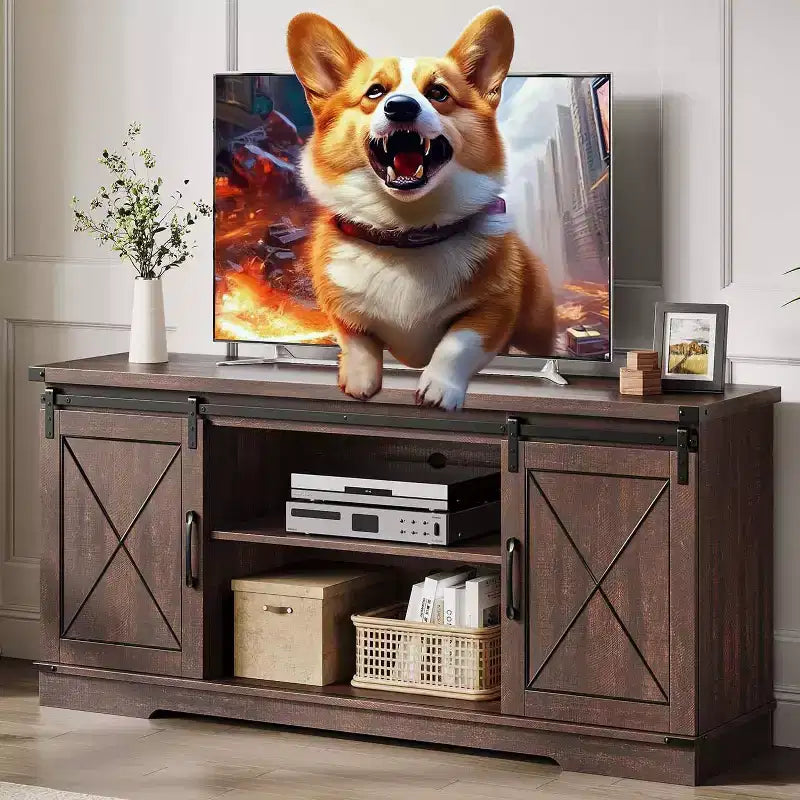 Farmhouse TV Stand and Entertainment Center for TV Up to 65 Inches with Sliding Barn Doors and Adjustable Shelf, for Living Room, Bedroom