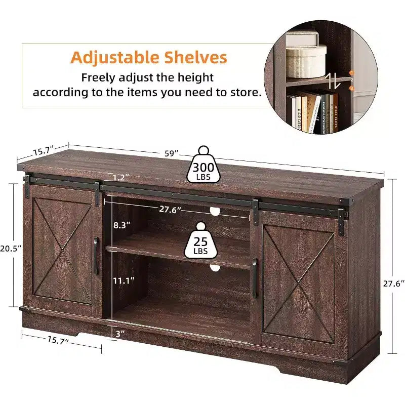 Farmhouse TV Stand and Entertainment Center for TV Up to 65 Inches with Sliding Barn Doors and Adjustable Shelf, for Living Room, Bedroom