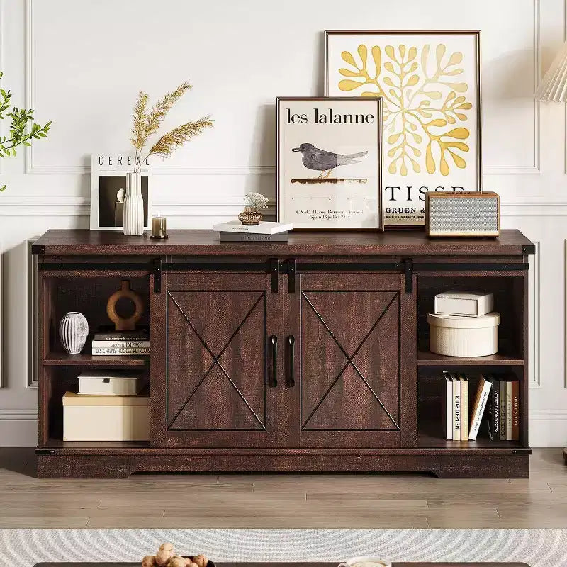 Farmhouse TV Stand and Entertainment Center for TV Up to 65 Inches with Sliding Barn Doors and Adjustable Shelf, for Living Room, Bedroom