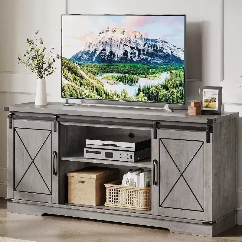 Farmhouse TV Stand and Entertainment Center for TV Up to 65 Inches with Sliding Barn Doors and Adjustable Shelf, for Living Room, Bedroom