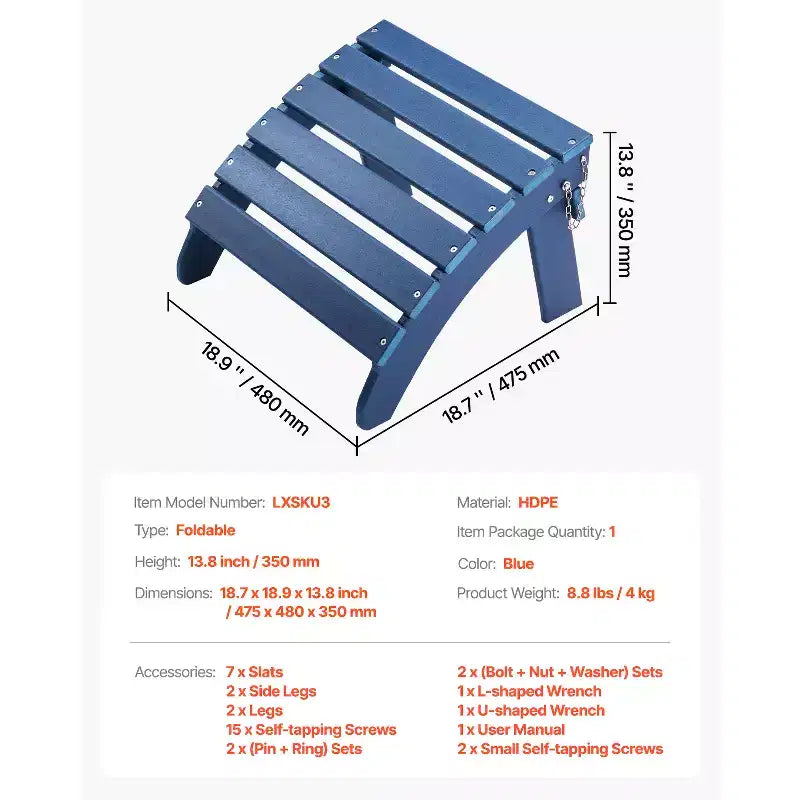 VEVOR Ottomana Adirondack, 18,7L x 18,9P x 13,8A Pollici, Ottomana Adirondack Pieghevole in Plastica HDPE, Poggiapiedi Resistente agli Agenti Atmosferici per Sedia Adirondack, Blu