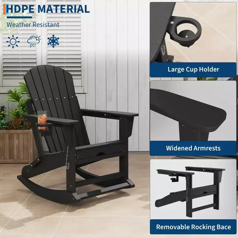Sdraie a dondolo da esterno GustoWave Adirondack con pouf estraibile, dondoli da patio in HDPE per tutte le stagioni con portabicchieri