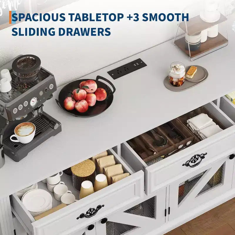 63 Buffet Cabinet with Storage with 3 Drawers & 4 Mesh Barn Doors, Modern Farmhouse Coffee Bar Buffet Table with Charging Station