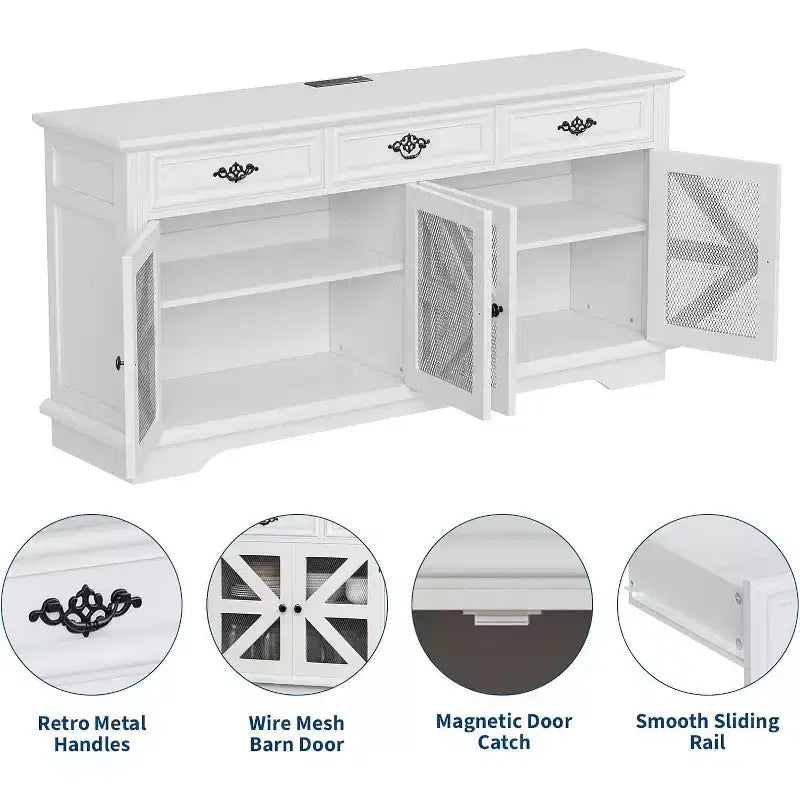 Credenza a buffet da 63" con contenitore, 3 cassetti e 4 ante a rete scorrevoli, tavolino da caffè moderno in stile rustico con stazione di ricarica