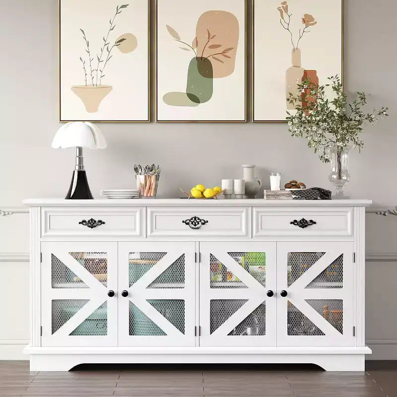 Credenza a buffet da 63" con contenitore, 3 cassetti e 4 ante a rete scorrevoli, tavolino da caffè moderno in stile rustico con stazione di ricarica