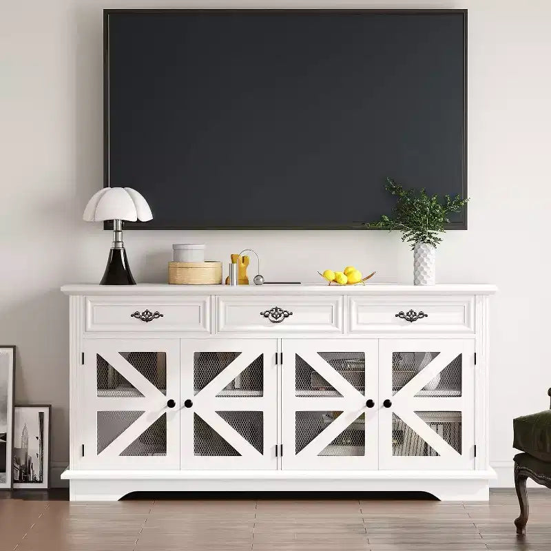Credenza a buffet da 63" con contenitore, 3 cassetti e 4 ante a rete scorrevoli, tavolino da caffè moderno in stile rustico con stazione di ricarica