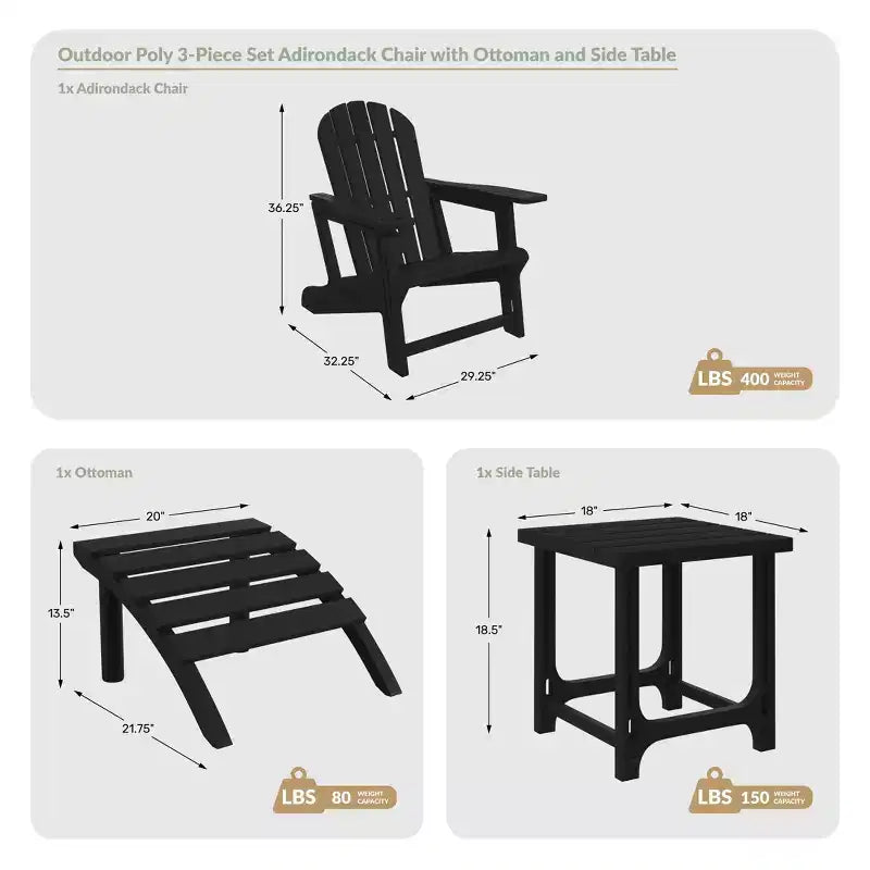 WestinTrends Azura, set 3 pezzi per patio, sedia Adirondack in HDPE con poggiapiedi e tavolino laterale da 45,72 cm, colore grigio