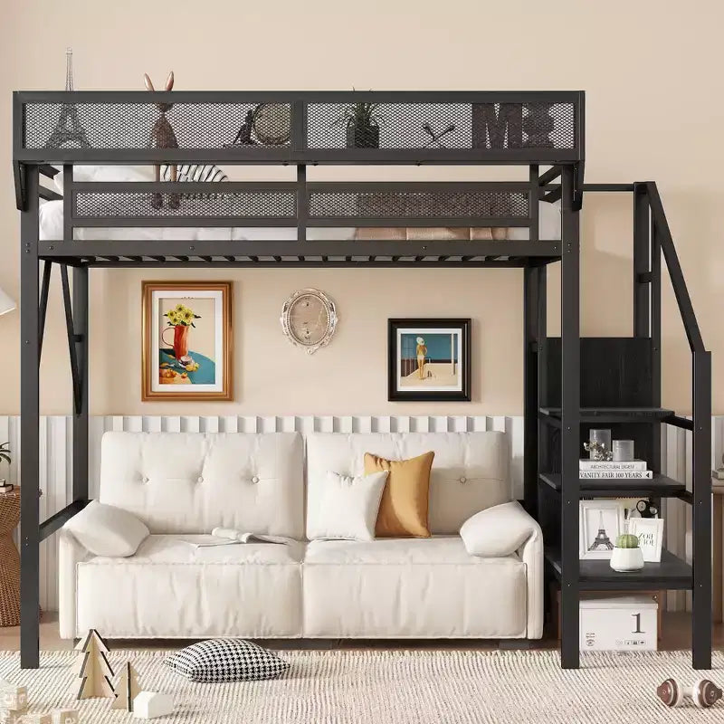 Letto a soppalco singolo con scale in metallo, letto a soppalco completo con ripiani portaoggetti, letto a soppalco alto con armadio per bambini e ragazzi, nero