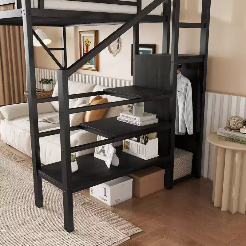 Twin Size Loft Bed with Stairs Metal Full Loft Bed with Storage Shelves High Loft Bed with Wardrobe for Kids Teens Black