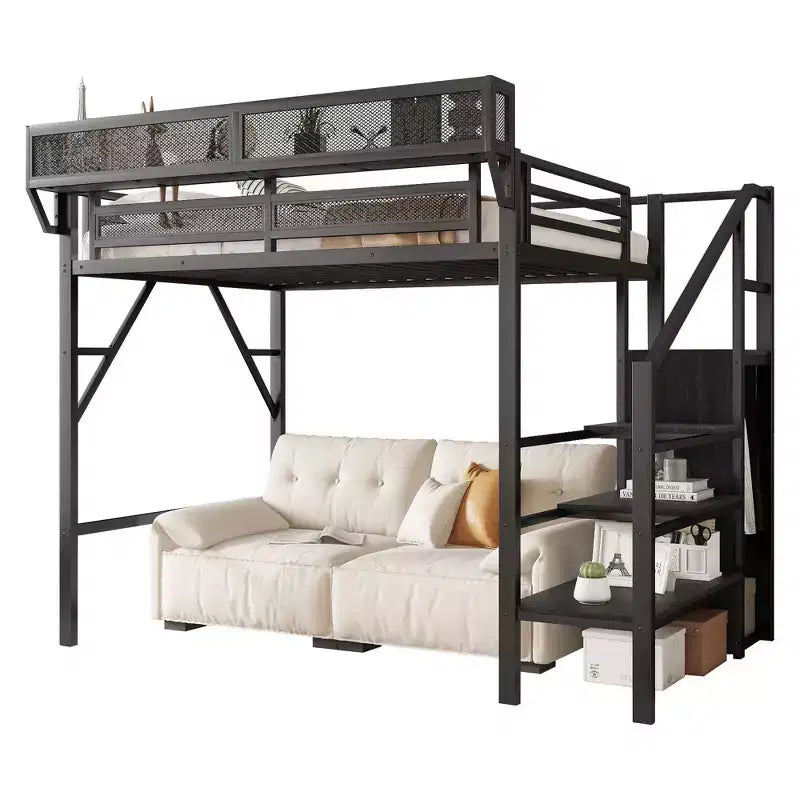 Twin Size Loft Bed with Stairs Metal Full Loft Bed with Storage Shelves High Loft Bed with Wardrobe for Kids Teens Black