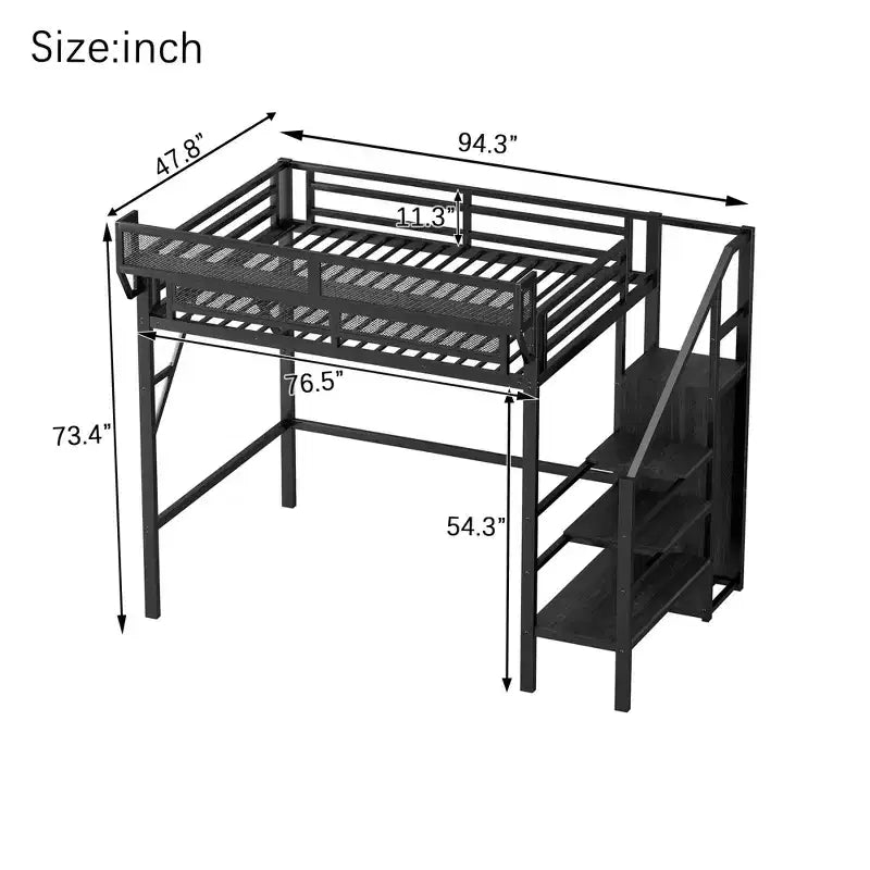 Letto a soppalco singolo con scale in metallo, letto a soppalco completo con ripiani portaoggetti, letto a soppalco alto con armadio per bambini e ragazzi, nero
