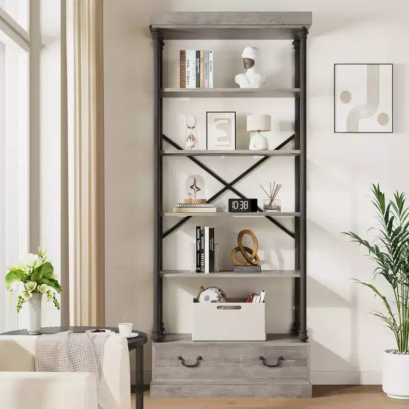 Libreria a 6 ripiani con cassetto portaoggetti, scaffale alto 81 pollici con struttura in metallo, libreria aperta per soggiorno, ufficio, camera da letto, biblioteca di casa
