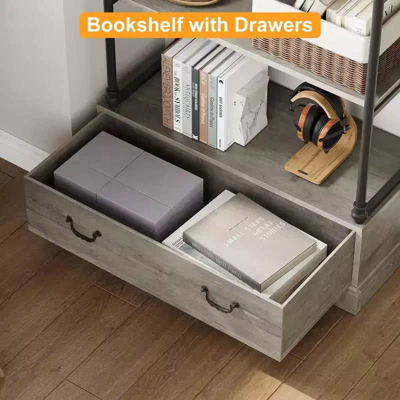 Libreria a 6 ripiani con cassetto portaoggetti, scaffale alto 81 pollici con struttura in metallo, libreria aperta per soggiorno, ufficio, camera da letto, biblioteca di casa
