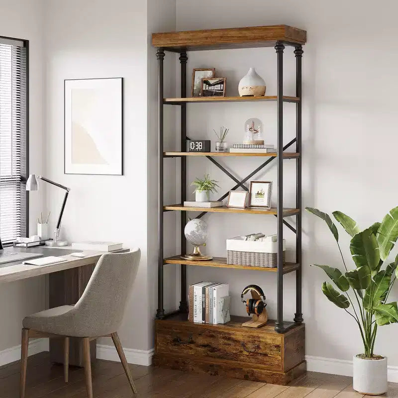6 Tier Bookshelf with Storage Drawer, 81 Tall Metal Frame Book Shelf, Open Storage Bookshelf for Living Room Office Bedroom Home Library