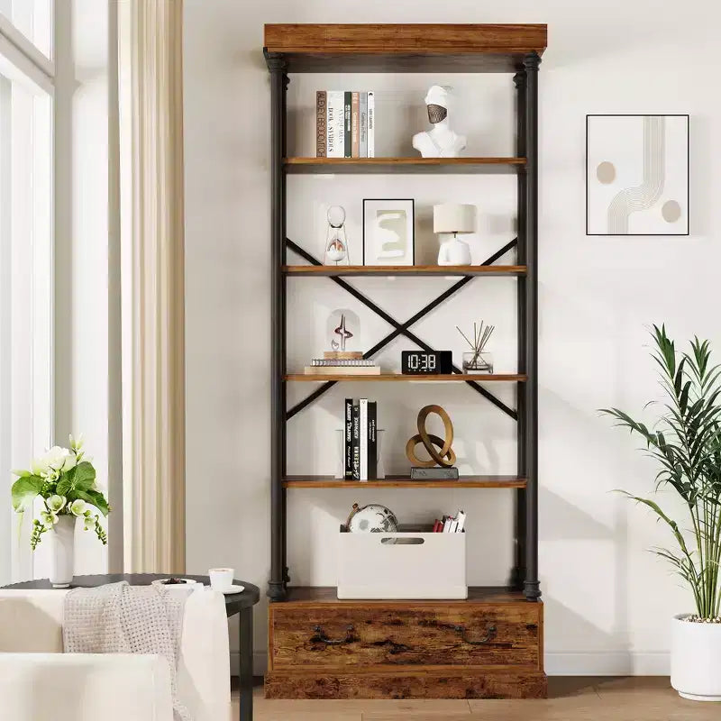 Libreria a 6 ripiani con cassetto portaoggetti, scaffale alto 81 pollici con struttura in metallo, libreria aperta per soggiorno, ufficio, camera da letto, biblioteca di casa