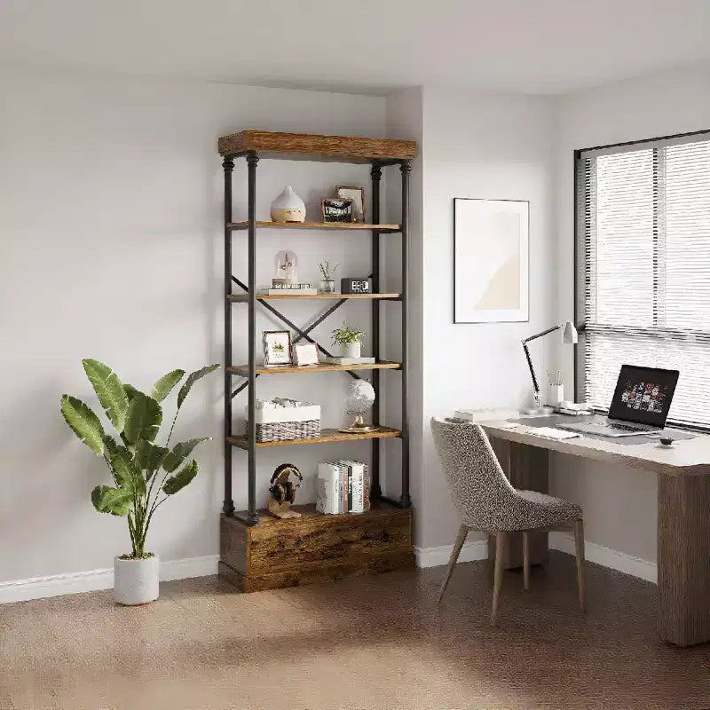 6 Tier Bookshelf with Storage Drawer, 81 Tall Metal Frame Book Shelf, Open Storage Bookshelf for Living Room Office Bedroom Home Library