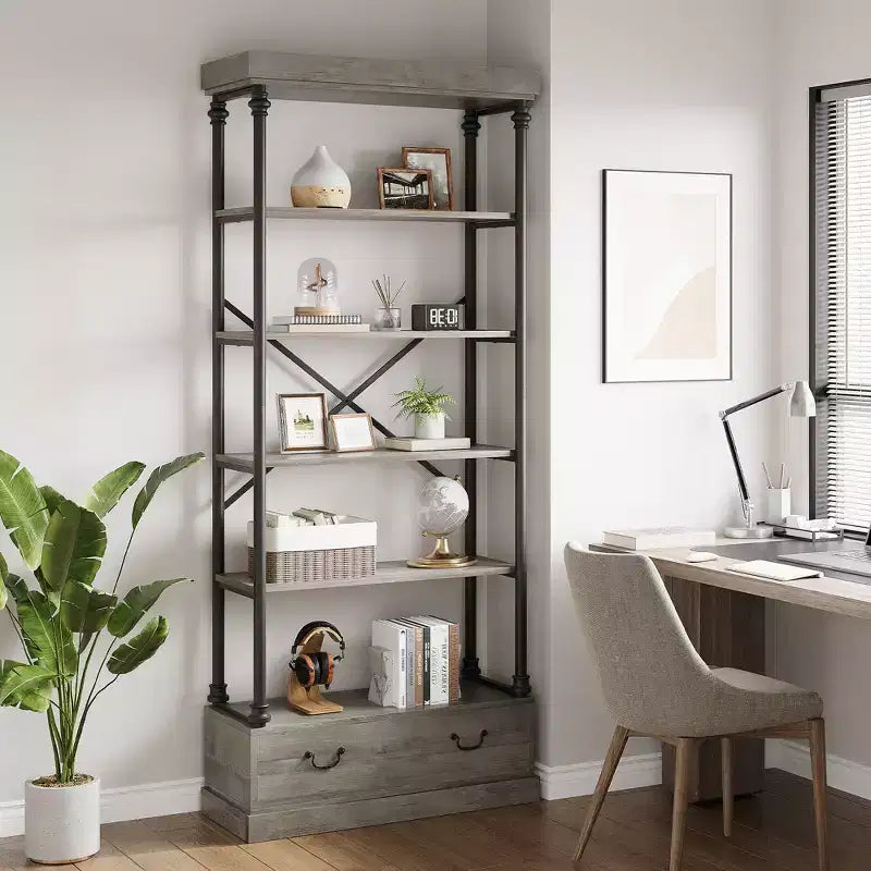 6 Tier Bookshelf with Storage Drawer, 81 Tall Metal Frame Book Shelf, Open Storage Bookshelf for Living Room Office Bedroom Home Library