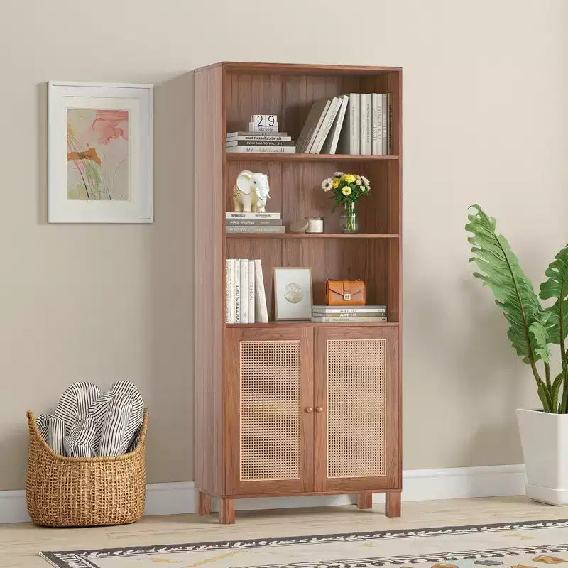 Libreria a 5 Ripiani con Ante in Rattan - Scaffali Espositivi Alti per Ufficio e Camera da Letto (Nero)
