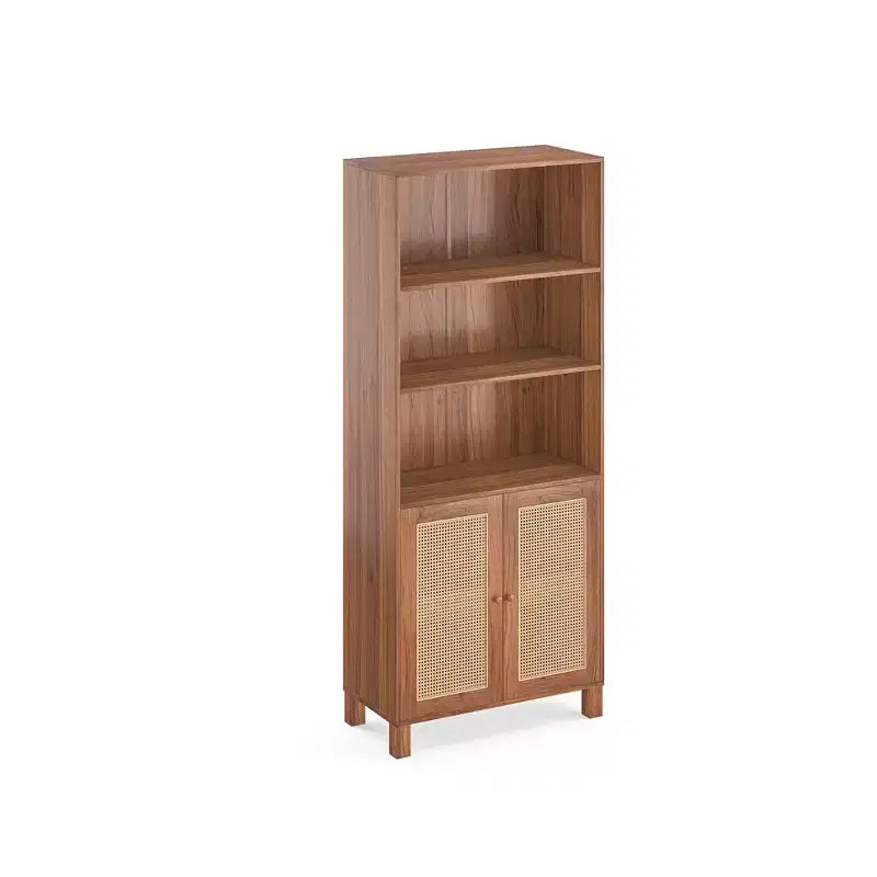 Libreria a 5 Ripiani con Ante in Rattan - Scaffali Espositivi Alti per Ufficio e Camera da Letto (Nero)
