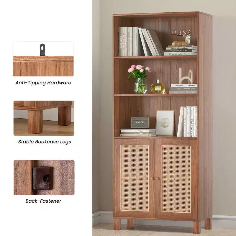Libreria a 5 Ripiani con Ante in Rattan - Scaffali Espositivi Alti per Ufficio e Camera da Letto (Nero)