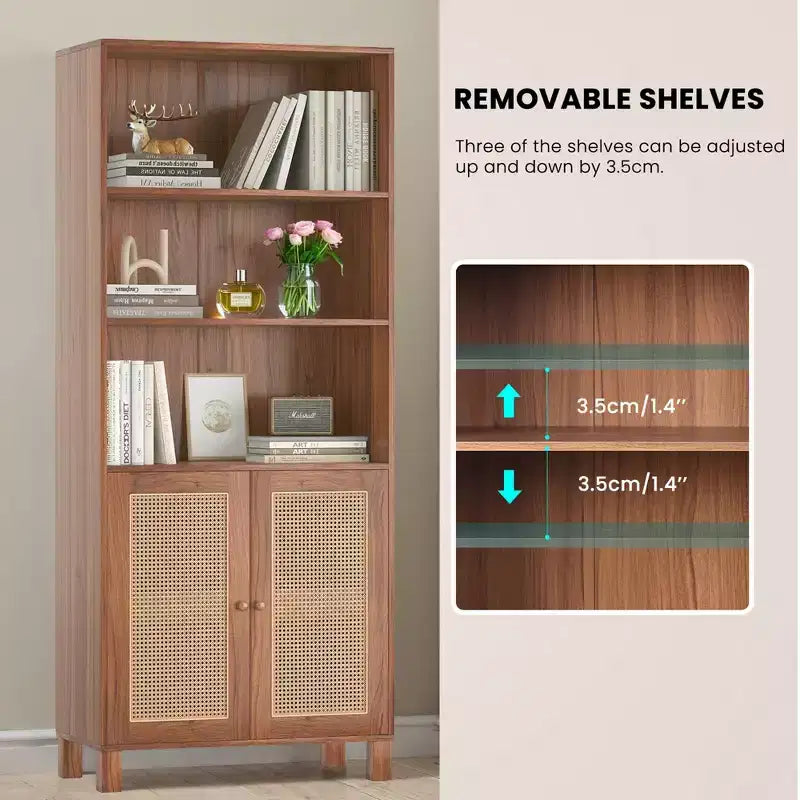 Libreria a 5 Ripiani con Ante in Rattan - Scaffali Espositivi Alti per Ufficio e Camera da Letto (Nero)