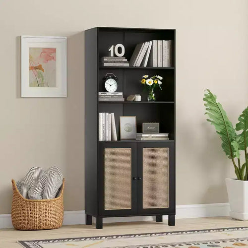 Libreria a 5 Ripiani con Ante in Rattan - Scaffali Espositivi Alti per Ufficio e Camera da Letto (Nero)
