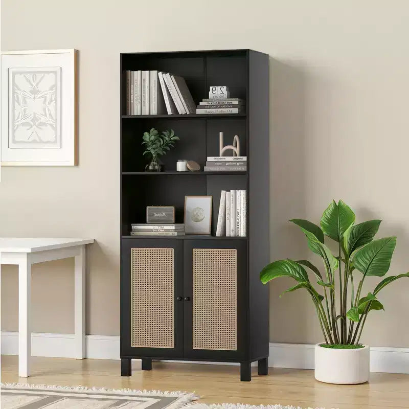 5-Shelf Bookcase with Rattan Doors - Tall Display Shelves for Home Office & Bedroom (Black)