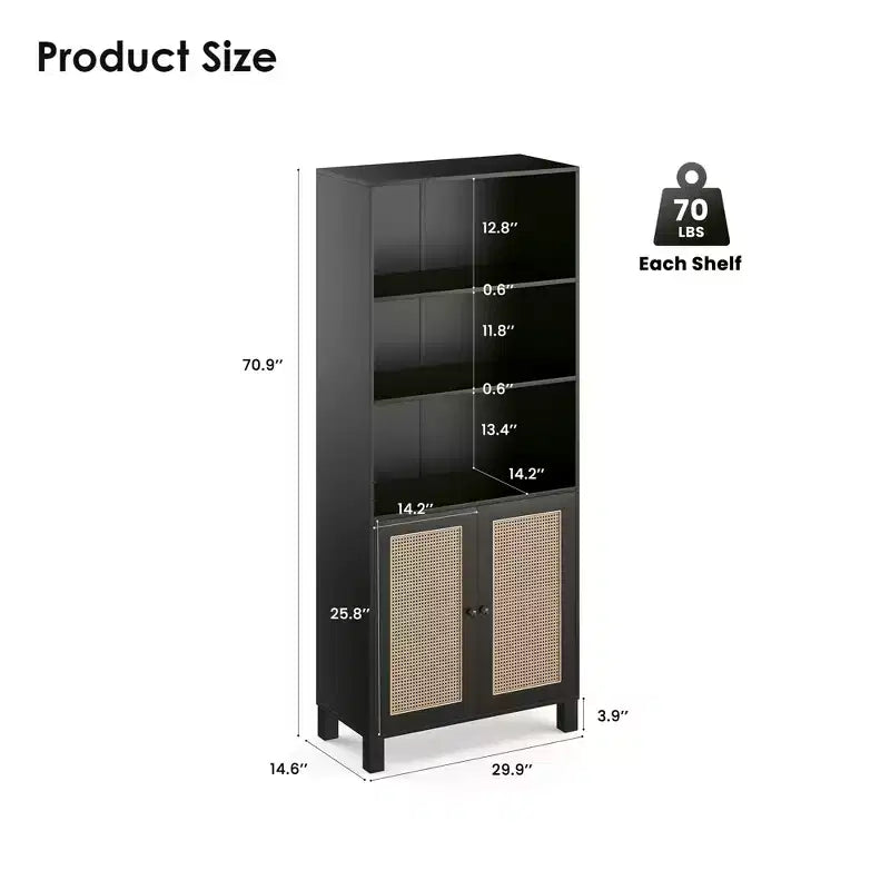 5-Shelf Bookcase with Rattan Doors - Tall Display Shelves for Home Office & Bedroom (Black)