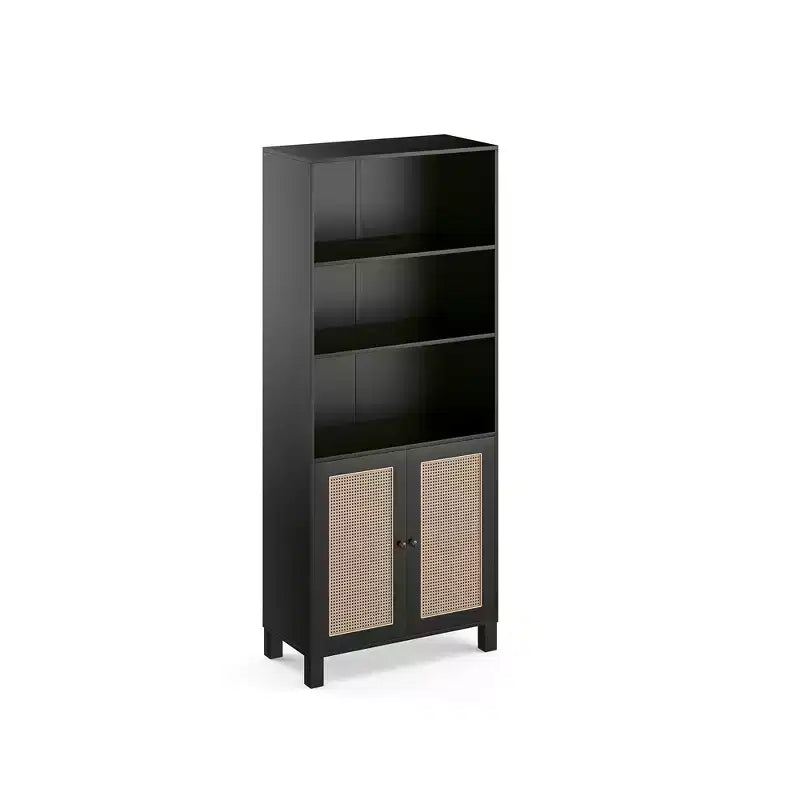 5-Shelf Bookcase with Rattan Doors - Tall Display Shelves for Home Office & Bedroom (Black)