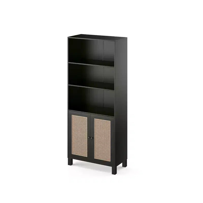 Libreria a 5 Ripiani con Ante in Rattan - Scaffali Espositivi Alti per Ufficio e Camera da Letto (Nero)