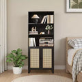 MAYEERTY 5-Shelf Bookcase with Rattan Doors - Tall Display Shelves for Home Office & Bedroom (Black)