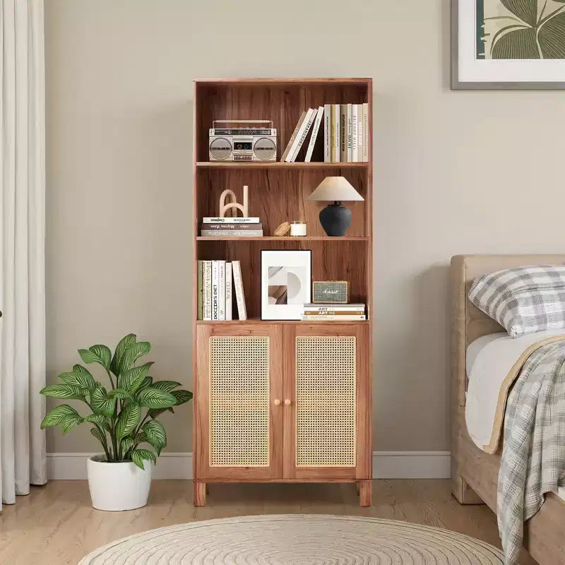 5-Shelf Bookcase with Rattan Doors - Tall Display Shelves for Home Office & Bedroom (Black)