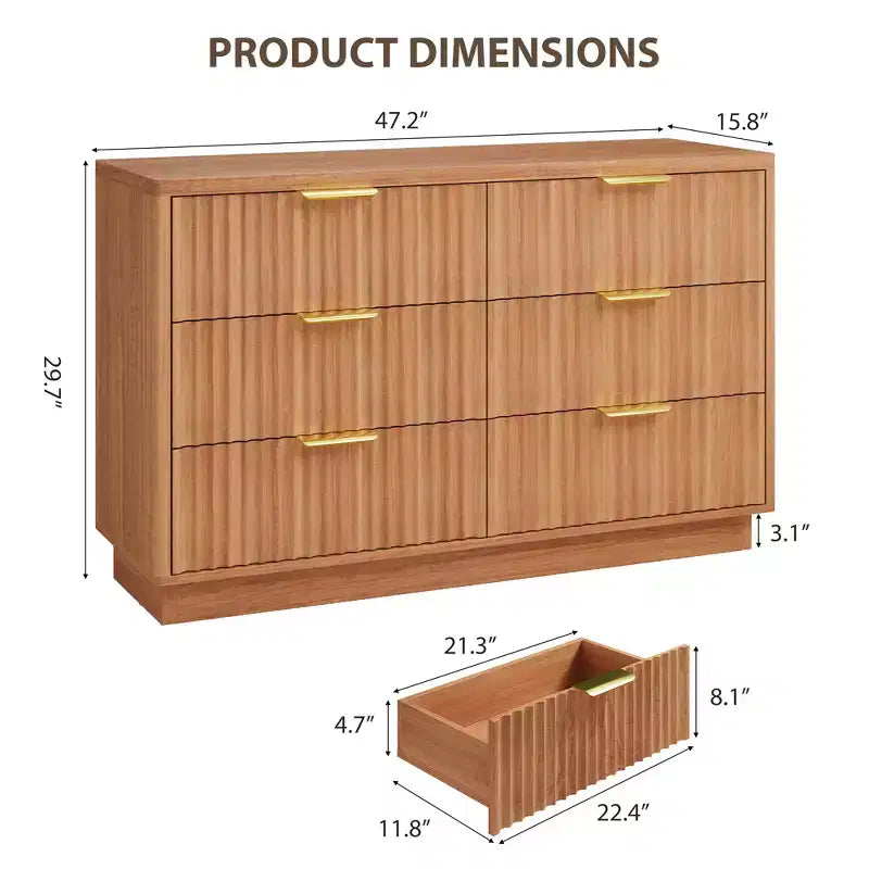 Modern 6 Drawer Dresser for Bedroom, 47 In Wood Chest of Drawers, Compact Nursery Dresser Storage Cabinet for Closet Living Room Apartment