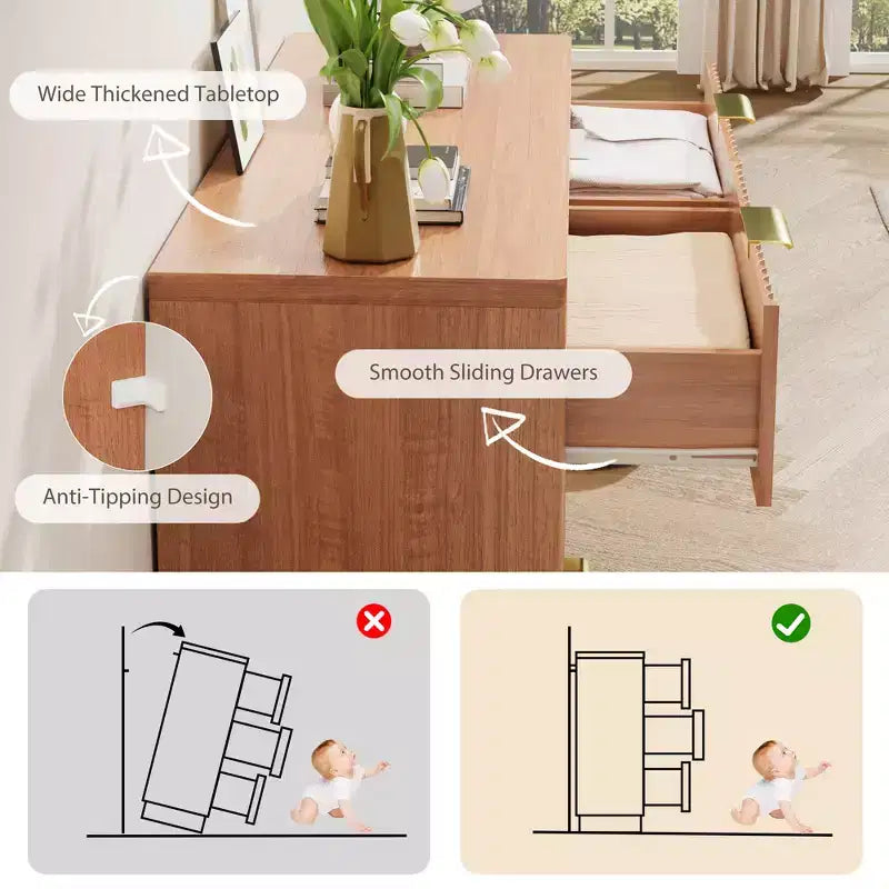 Modern 6 Drawer Dresser for Bedroom, 47 In Wood Chest of Drawers, Compact Nursery Dresser Storage Cabinet for Closet Living Room Apartment