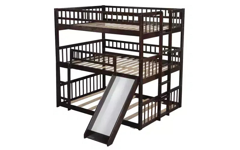 Full Over Full Over Full Triple Bunk Bed with Ladders and Slide, Espresso