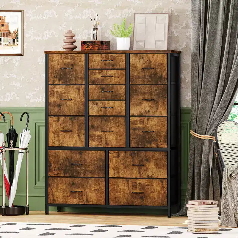 Cassettiera in tessuto alta 122 cm con 15 cassetti e struttura in acciaio e piano in legno, comò robusto per camera da letto, armadio, corridoio, soggiorno
